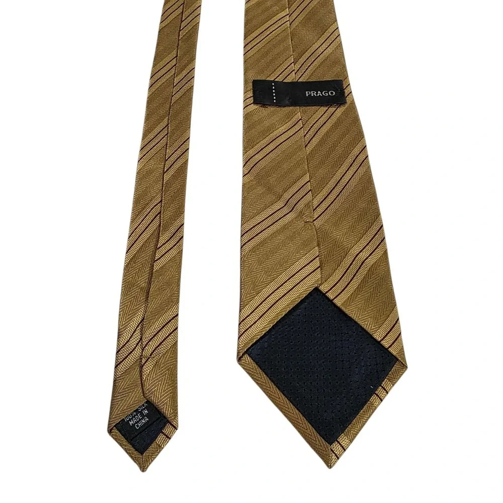PRAGO Silk Striped Necktie Gold Burgundy Classic Formal Business Luxury Designer